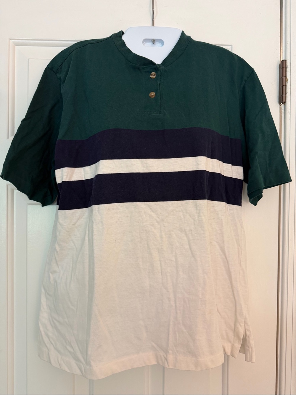Lands' End 100% Cotton Colorblock Striped Henley Tee Women's M Green